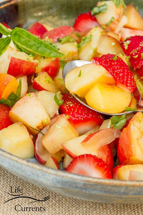 Peach, Nectarine, and Strawberry Fruit Salad with Lime Honey Basil Syrup is the perfect light summer fruit salad Basil Syrup Recipe, Strawberry Fruit Salad, Basil Syrup, Nectarine Fruit, Nectarine Salad, Nectarine Recipes, Healthy Fruit Salad, Dressing For Fruit Salad, Fruit Berries