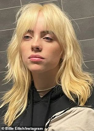 Billie Eilish bleaches black-and-green locks blonde as she swaps baggy clothes for tight cardigan | Daily Mail Online Blonde Edgy Hair, Wolf Cut Hair, Wolf Cut, New Hair Colors, Cut My Hair, Hair Inspo Color, Grunge Hair, Long Bob, Goth Outfits