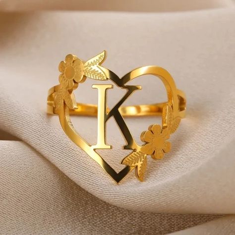 Just found this amazing item on AliExpress. Check it out! $3.91 | Stainless Steel Initials Flower Heart Rings Gold Color Adjustable Delicate Letter Leaf Rings For Women Girl Alphabet Jewelry Alphabet Rings Gold, K Ring, Letter Flower, Alphabet Jewelry, Bracelet Craft, Heart Rings, Baby Rings, Steel Flowers, Letter Ring