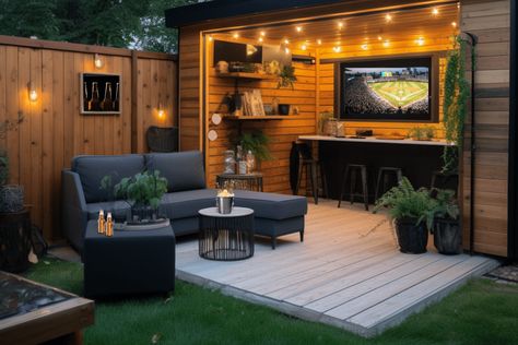 Ultimate Man Cave Shed Ideas for Your Backyard - Basic Home DIY Men’s Shed Ideas, Bar Shed Interior Ideas, He Shed Ideas Man Cave, Man Cave Shed Ideas Backyards, Man Shed Bar, He Shed Ideas, Man Cave Shed Ideas, Sheds Ideas Backyard, Outdoor Man Cave