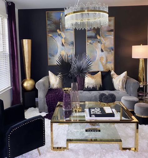 Purple Black And Gold Living Room, Black And Gold Living Room, Decorating Rooms, Purple Living Room, Glam Living Room Decor, Building Interior, Room Couches, Elegant Living Room Decor, Glam Living