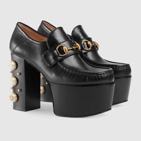 Horsebit Loafers, Platform Pumps Heels, Gucci Loafers, Shoes Gucci, Platform Stilettos, Platform Loafers, Platform Heels Chunky, Studded Leather, Gucci Black