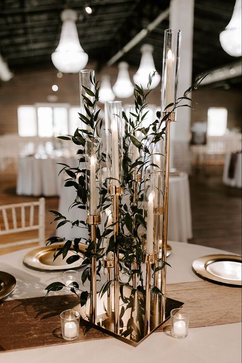 Modern Candelabra Centerpiece, Gold Candelabra Centerpiece Wedding, Tall Candle Centerpieces Wedding, Tall Centerpieces Wedding, Tall Candle Centerpiece, Art Deco Centerpiece, Candelabra Wedding Centerpieces, Hunter Green Wedding, Minimalist Centerpiece