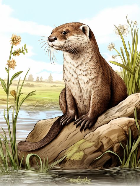 European otter naturalist style illustration, AI-generated. River Otter Illustration, Deer Tattoo Designs, Otter Illustration, Deer Tattoo, River Otter, Illustration Vintage, Fantasy Illustration, Wildlife Art, Otters