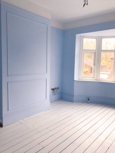 The House That Colour Built, Colourful New Build, Dulux Bright Skies Bedroom, Lulworth Blue Bedroom, Cornflower Blue Interior, Wall And Skirting Same Colour, Fun Room Colors, Pastel Blue Decor, Cornflower Blue Walls