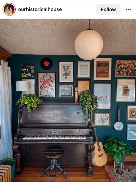 Gallery Wall Around Piano, Over The Piano Decor Wall Art, Living Room With Instruments, Piano Area Decor, Music Nook In Living Room, Gallery Wall Over Piano, Piano Gallery Wall, Boho Music Studio, Mid Century Music Room