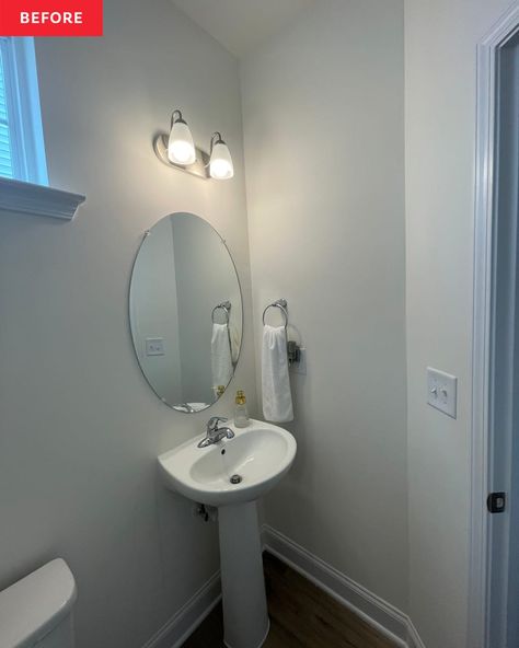 A sleek pedestal sink was a timeless fixture that could suit a lot of different styles. Credit: <a href="https://www.instagram.com/malissa_doesitall/">@malissa_doesitall</a> Bathroom Mirror Over Pedestal Sink, Mirror For Pedestal Sink, Powder Room With Tall Ceiling, Pedestal Sink Bathroom Decor, Mirror Over Pedestal Sink, Bathroom Ideas Pedestal Sink, Half Bath With Pedestal Sink, Simple Powder Room Ideas, Powder Room Ideas Pedestal Sink