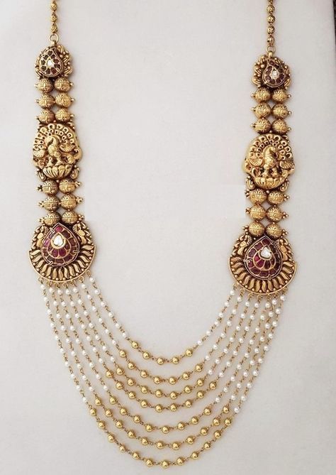 Pearl Hara Designs - Dhanalakshmi Jewellers Pearl Jewellery Gold, Pearl Haaram Gold, Pearl Long Necklace Designs, Gold Pearl Long Necklace, Antique Pearl Jewelry, Gold Jwellery Design Indian Jewelry, Pearl Necklace Designs Gold Indian, Gold Pearl Jewelry Necklace, Pearl Jewellery Designs