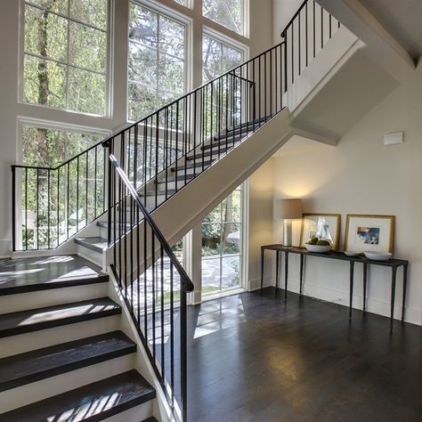 Ok.  So i love stairs and windows.  This is the view when you walk in the front door of this home.  Layered views through the stairs and out to the pool.  And that natural light . . .  Makes me feel good. #kemphallstudio #architectureinspiringlife #stairs #residentialarchitecture Staircase Window, Staircase Pictures, Transitional Staircase, Straight Stairs, Stairs Window, Stairway Decorating, Transitional Exterior, Traditional Staircase, Staircase Handrail