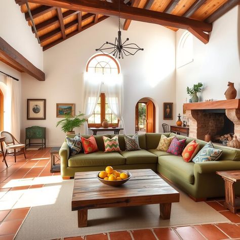 Step into a warm Spanish Mediterranean home where rustic elegance meets vibrant charm. The high vaulted ceiling, supported by wooden beams, creates an airy feel, while terracotta tiles add earthy warmth underfoot. Sunlight streams through arched windows draped in white linen, illuminating an olive-green sectional sofa adorned with colorful patterned pillows. A low reclaimed wood coffee table holds a bowl of fresh citrus. Hand-painted tiles, vintage chairs, and a cozy stone fireplace enhance the inviting ambiance, making it a perfect space for relaxation. #MediterraneanStyle #InteriorDesign #CozyHome Terracotta Tiles Living Room Decorating Ideas, Terracotta Tiles Living Room, Mediterranean Homes Interior Design, Mediterranean Homes Interior, Spanish Mediterranean Homes Interior, Mediterranean Bohemian, Mediterranean Home Interior Design, Spanish Style Living Room, Spanish Living Room