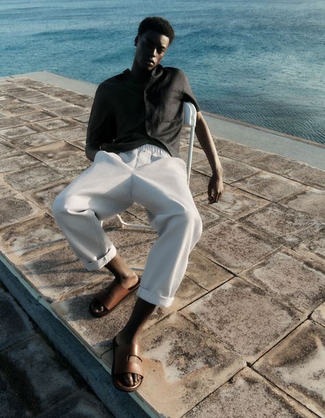 Lace Shirt Outfit, Beach Fashion Editorial, Black Leather Flip Flops, Latest Clothes For Men, Mens Editorial, Summer Campaign, Man Photography, Crew Clothing, Summer Linen