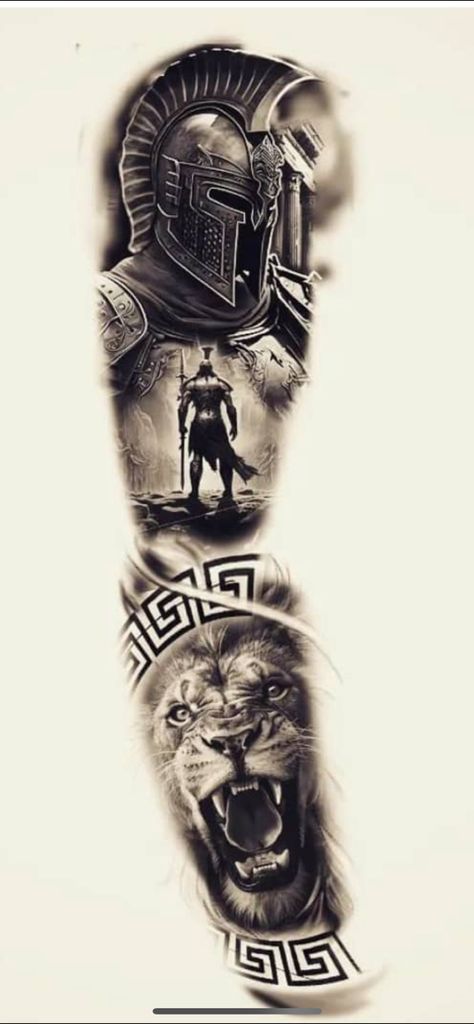 Spartan Sleeve Tattoo, Spartan Tattoo Sleeve, Spartan Tattoo Design, Leonidas Tattoo, Full Sleeve Tattoo Ideas, Sparta Tattoo, Calf Tattoo Ideas, Arm Tattoos Lettering, Warrior Tattoo Sleeve