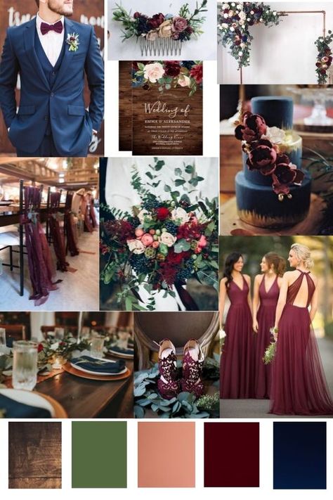 Navy And Burgundy Moody Wedding, Navy And Burgundy Spring Wedding, Maroon Color Combinations Wedding, Navy And Wine Fall Wedding, Fall 2023 Bridesmaid Dresses, Bridesmaids Wearing Different Colors, Wedding Color Palette Maroon, Gem Color Wedding, Burgundy Spring Wedding Color Schemes