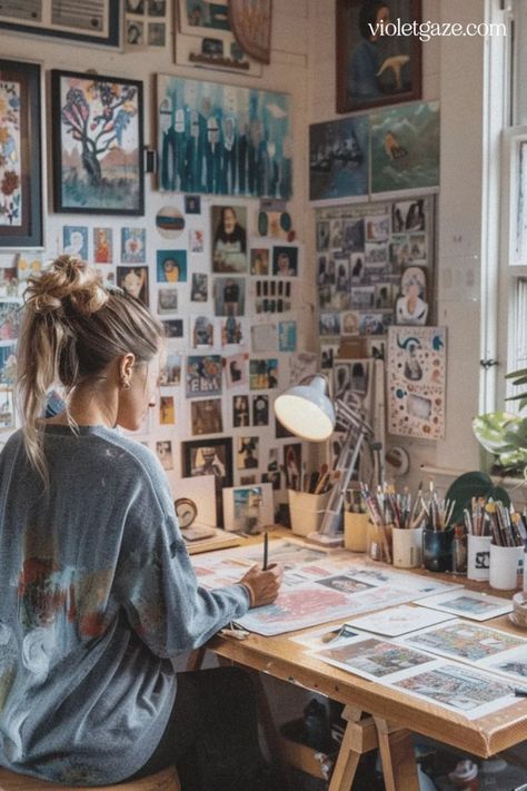 Artist Working In Studio, Artist At Work Aesthetic, Art Studio Vision Board, Art Studio Setup Ideas, Bedroom Art Studio Ideas, Successful Artist Vision Board, Artist Corner Ideas, Desk In Bedroom Aesthetic, Artist Vibes Aesthetic