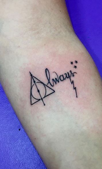 Discover the magic of these captivating Harry Potter tattoo designs! From iconic symbols like the lightning bolt scar to intricate Hogwarts-inspired artwork, these tattoos will transport you to the wizarding world. Explore these enchanting ink ideas and find inspiration for your next tattoo journey. Pin it to your Harry Potter board now! ⚡✨ #HarryPotterTattoos #WizardInk #TattooInspiration Cute Small Harry Potter Tattoos, Harry Potter Music Tattoo, Hair Potter Tattoos, Harry Potter Tattoos Wrist, Harry Potter Always Art, 3 By 3 Tattoo Ideas, Tattoo Ideas For Harry Potter, Watercolor Tattoo Cover Up, Harry Potter Mini Tattoo Ideas