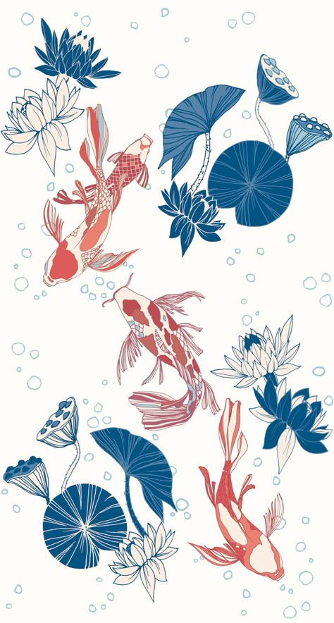 Hanami Wallpaper, Japan Illustration, Carpe Koi, Japanese Illustration, Fish Wallpaper, Japon Illustration, Fish Drawings, Art Japonais, Art Et Illustration