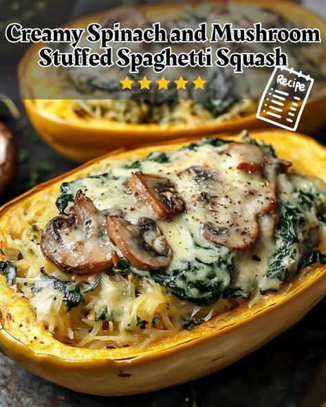 Creamy Spinach and Mushroom Stuffed Spaghetti Squash 🍄🌿 Spaghetti Squash Recipes Healthy, Spaghetti Squash Recipes Easy, Stuffed Spaghetti Squash, Spinach And Mushrooms, Mushroom Stuffed, Spinach And Mushroom, Stuffed Squash, Spinach Mushroom, Spaghetti Squash Recipes