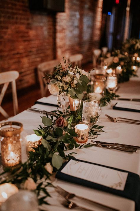 Greenery Table Runner Round Table, Greenery And Floral Centerpieces, Wedding Reception Greenery Decor, Wedding Tables With Runners, Ivy Table Runner, Narrow Wedding Table Decorations, Rustic Wedding Rectangle Table Decor, Rectangle Wedding Table Decor Candles, Greenery Runners For Wedding Tables