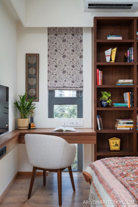 Cozy Bedroom With Study Table, Indian Study Room, Indian Study Room Ideas, Bookshelf Styling Living Room, Indian Bedroom, Bed Interior, Indian Interiors, Indian Home Interior, Study Area