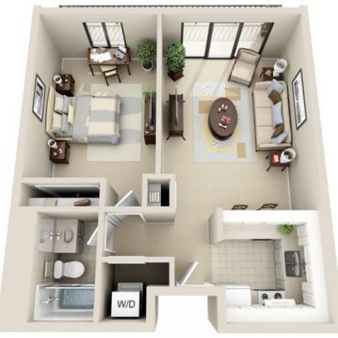 One Room Houses, Apartment Decorating For Couples, Studio Apartment Floor Plans, 1 Bedroom House Plans, Studio Floor Plans, Condo Interior Design, 1 Bedroom House, Tiny House Layout, Diy House Plans