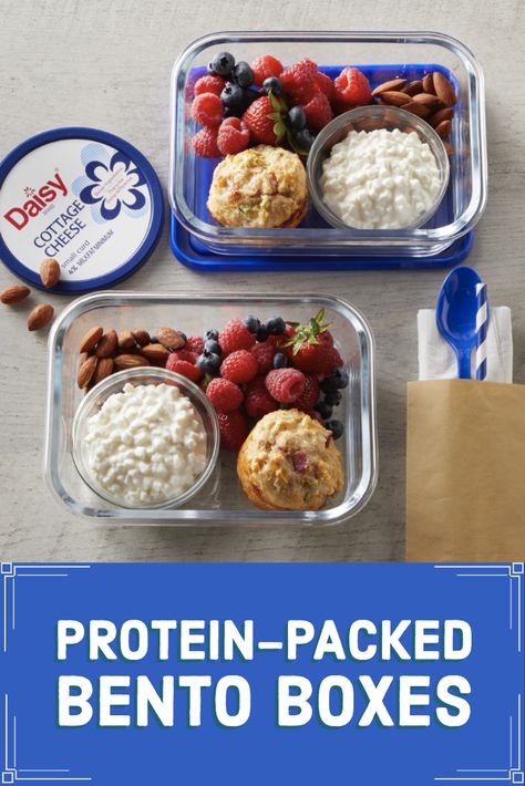 While packing lunches for the kids, make sure you don't forget about yourself! These Protein-Packed Bento Boxes are the perfect healthy lunch. Cottage Cheese Bento Lunch, Ham Muffins, Travel Ball, Daisy Brand, Cottage Cheese Eggs, Daisy Cottage, Meal Prep Plans, Breakfast And Brunch, Cottage Cheese Recipes