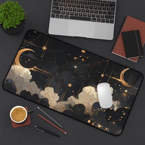 Black and Gold Celestial Desk Mat Gaming Mouse Pad Large - Etsy Cozy Office Space, Mtg Playmat, Workspace Essentials, Game Office, Dream Dorm, Dream Desk, Office Stationary, Desktop Setup, Gaming Room Setup