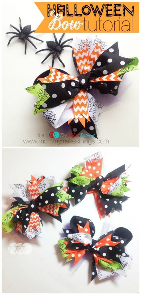 Stacked Halloween Bow - The Ribbon Retreat Blog Hair Bow Ideas, Halloween Hair Bows, Hair Bows Diy, Hair Bow Tutorial, Make Bows, Bows Diy Ribbon, Halloween Bows, Diy Bows, Halloween Ribbon