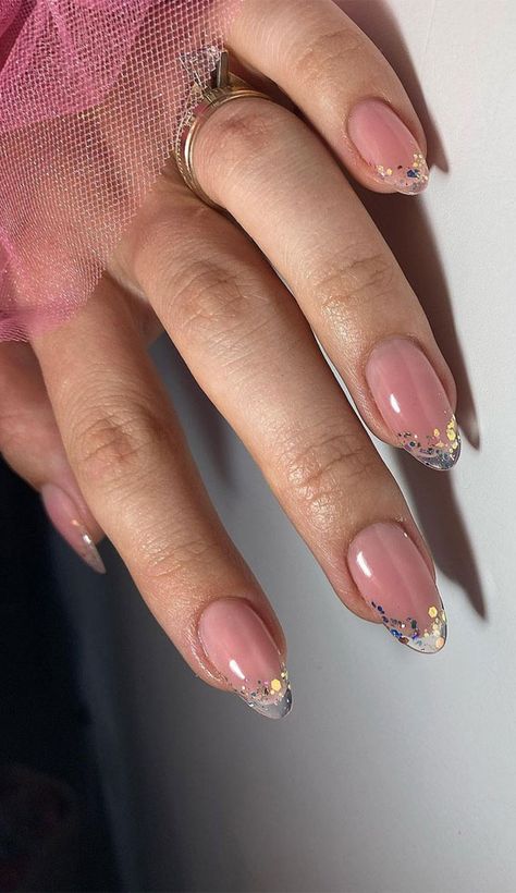 Clear Tip Nails, French Glass Nails, Sparkly French Manicure, Reverse French Nails, Sparkly Nail Designs, Sparkly Acrylic Nails, Pink French Manicure, Glitter French Tips, Nail Tip Designs