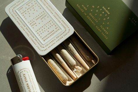 A Golden State: Whole Flower Pre-Roll Packaging | Dieline - Design, Branding & Packaging Inspiration Pre Rolls, Watermark Design, Magic Herbs, Flower Packaging, College Design, Puff And Pass, Sustainable Packaging, Branding Packaging, Packaging Design Inspiration