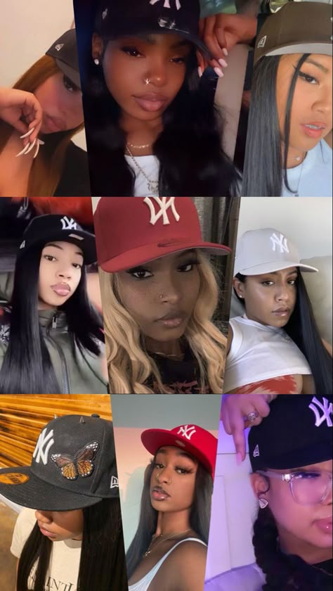 Female Fitted Hat Outfit, Bon Dutch Hat Outfit, Backward Cap Outfit, Baseball Cap With Braids Black Women, Face Cap Outfit For Women, Face Cap Outfit, Girls In Fitted Hats, New Era Hat Outfit Women, New Era Hat Outfit