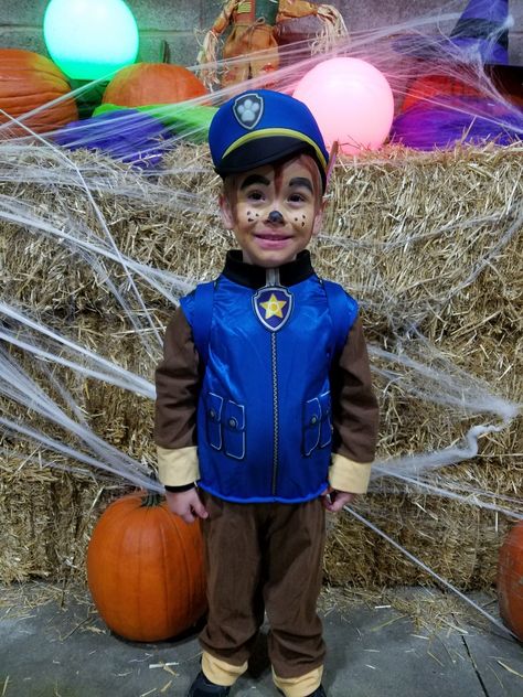 Chase Halloween Costume Paw Patrol Diy, Paw Patrol Halloween Makeup, Homemade Chase Paw Patrol Costume, Chase Face Paint Paw Patrol, Chase Paw Patrol Face Paint, Chase Face Paint, Diy Chase Paw Patrol Costume, Chase Costume Paw Patrol, Paw Patrol Makeup