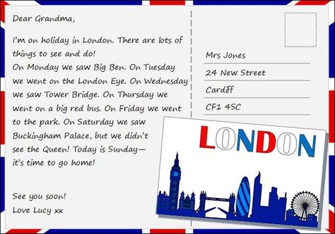 Postcard from London | LearnEnglish Kids | British Council How To Write A Postcard, English For Tourism, Postcard Examples, Postcard Writing, Writing Postcards, Free English Courses, English Composition, London Postcard, English Grammar Worksheets