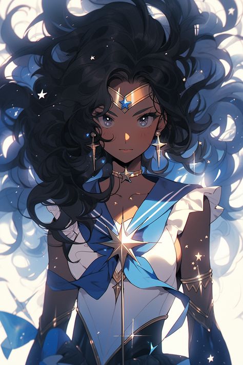 dark skinned magical girl with blue uniform Black Magical Girl, Celestial Warlock, Blue Clothes Aesthetic, Color Animation, Vtuber Design, Magical Girl Aesthetic, Blue Uniform, Black Woman Artwork, Drawing Ideas List