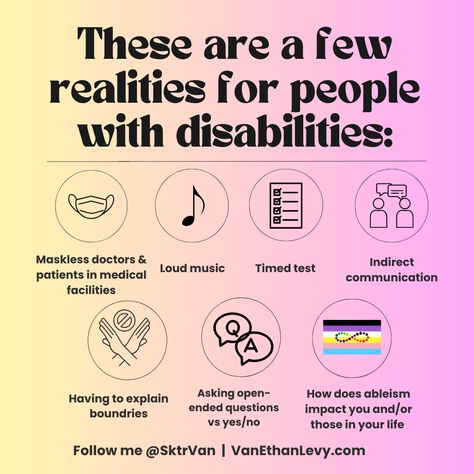 Navigating as someone with disabilities and challenges: 

🚫 Medical settings without masks risk lives of immunocompromised. 
🎶 Loud music excludes sound-sensitive individuals. 
⏱️ Timed tests favor quick processors unfairly. 
🔮 Indirect communication expects mind-reading. 
🚧 Explaining boundaries should affirm autonomy. 
❓ Open-ended questions empower consent. 

How does ableism impact you or loved ones? Share your insights. 
#DisabilityRealities #AbleismAwareness Indirect Communication, Mind Reading, Loud Music, Open Ended Questions, Open Ended, Boundaries, Communication, First Love, Sound