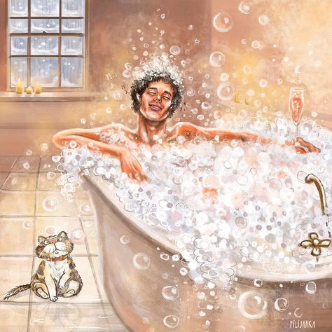 Bath Poses, Bubble Bath Painting, How To Draw Bubble Bath, Bubble Bath Drawing, Bubble Bath Illustration, Lady In Bathtub Art, Bathtub Painting, Girl In Tub Drawing, Vintage Bathtub Illustration