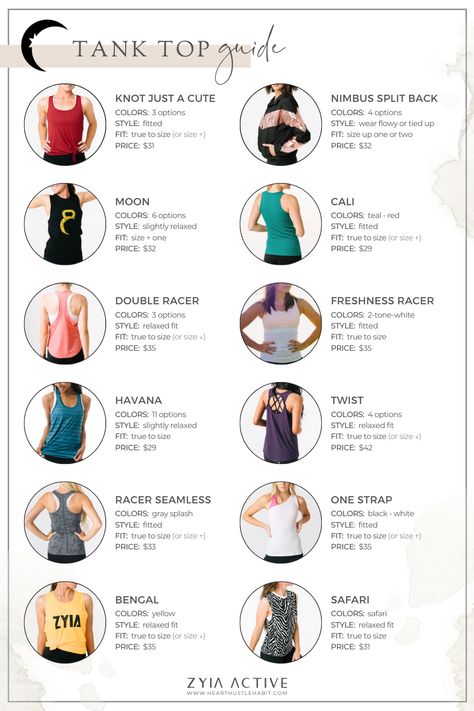 ZYIΛ ΛCTIVE ≫ Tank Top Guide Active Wear Brand Name Ideas, Zyia Graphics, Get Rid Of Saggy Skin, Zyia Activewear, Vendor Fair, Clothes Guide, Fitness Wardrobe, Fashion Girl Design, Clothing Guide