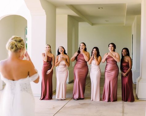 @shoprevelry Bridesmaids Pink Shades, Shades Of Pink Bridesmaid Dresses Color Palettes, Dark Pink Bridesmaid Dresses, Pink Bridesmaid Dresses Mismatched, Bridesmaid Dresses Different Colors, Rose Pink Bridesmaid Dresses, Mix Match Bridesmaids, Wedding October, Neutral Bridesmaid Dresses