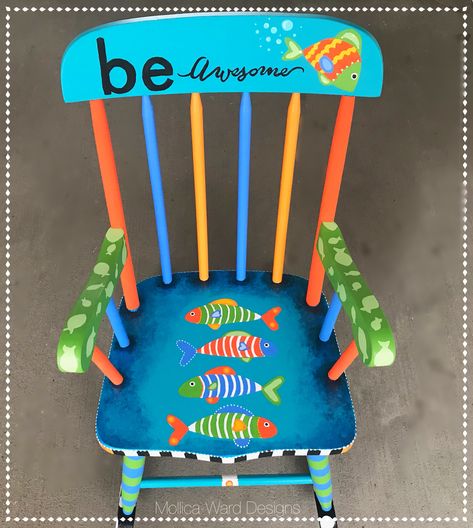 Whimsical Painted Furniture Rocking Chairs, Teacher Painted Chair, Teacher Rocking Chair Painted, Painted Wooden Chairs Diy Fun, Homeschool Classroom Decor, Painted Kids Chairs, Painting Kids Furniture, Painted Wood Chairs, Customized Furniture