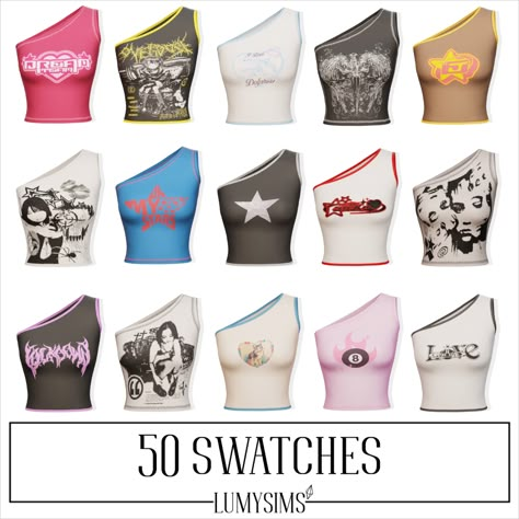 Y2K one shoulder tank top in different designs, grunge, kawaii, 2000's aesthetic, fall crop top, fall outfit idea inspro, fall aesthetic, sims 4 cc finds Aesthetic Sims 4 Cc, Fall Crop Top, 2000's Aesthetic, Aesthetic Sims, Grunge Kawaii, One Shoulder Tank Top, Sims 4 Tsr, Sims 4 Traits, One Shoulder Tank