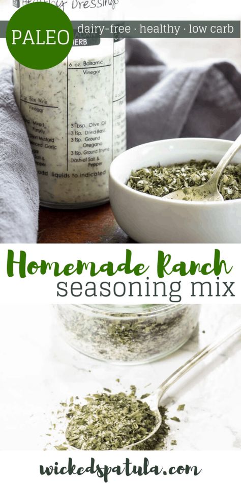 Dairy-Free Homemade Ranch Seasoning Mix Recipe - See how to make ranch seasoning mix with 5 ingredients! Dairy-free ranch dressing mix is delicious & EASY, plus this homemade ranch seasoning recipe goes with EVERYTHING! #wickedspatula #paleo #ranch #easyrecipes #recipes via @wickedspatula Make Ranch Seasoning, Ranch Seasoning Mix Recipes, How To Make Ranch, Paleo Ranch, Dairy Free Ranch Dressing, Ranch Seasoning Recipes, Homemade Ranch Seasoning, Ranch Seasoning Mix, Seasoning Recipe