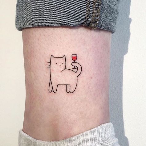 Tattoos For Women Cat, Wine Glass Tattoo, Wine Tattoo, Glass Tattoo, Small Girl Tattoos, Doodle Tattoo, Cat Tattoo Designs, Cute Little Tattoos, Cute Tiny Tattoos