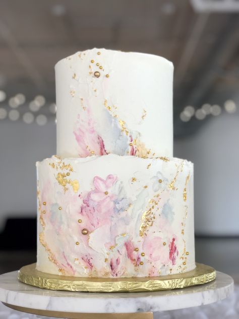 Sweet Bloom Cakes, Watercolor Wedding Cake Buttercream, Elegant Pastel Cake, Pastel Two Tier Cake, Wedding Cake Different Tiers, Wedding Cake Buttercream Designs, Watercolour Wedding Cake, Pastel Watercolor Cake, Pastel Color Cake Ideas