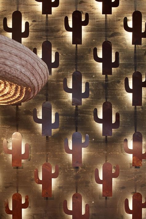 Painted Brick Wall, Mexican Restaurant Decor, Chocolate Walls, Cafe Wall Decor, Mexican Interiors, Hanging Light Bulbs, Modern Mexican, Wall Shelf Decor, Modern Restaurant