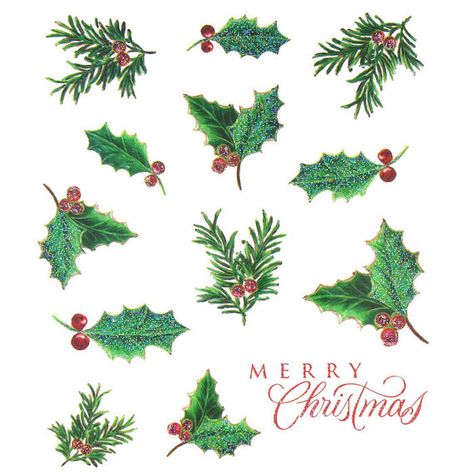 Classic Stickers, Stickers Shop, Christmas Plants, Christmas Card Art, Christmas Tree Painting, Holly Leaves, Glitter Stickers, Christmas Drawing, Wonderful Time Of The Year