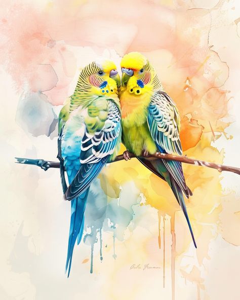 Budgerigar Buddies #parakeet #budgie #birdart #watercolor Parrot Cake, Parakeet Watercolor, Budgie Art, Budgie Watercolor, Parakeet Art, Parakeet Watercolor Painting, Budgie Painting Acrylic, Love Birds Painting, Kerala Mural Painting