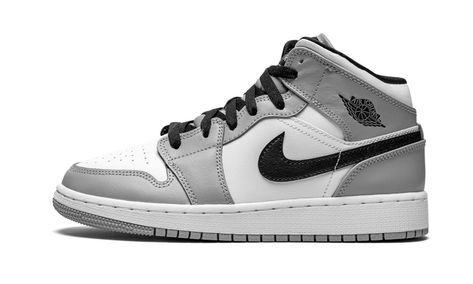 Jordan 1 Gray, Air Jordans 1 Mid, Jordans 1, Air Jordan 1 Mid Gs, Nike Shoes Air Force, Blue Jordans, Grey Design, Nike Air Jordan 1 Mid, Cute Nike Shoes