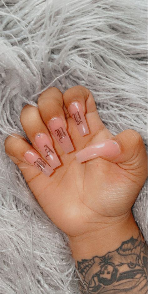 Old English On Nails, Old English Letters On Nails, Old English Font On Nails, Old English Font Nails, Old English Letter Nails, Old English Nails Designs, Gangsta Nails, Old English Nails, Colourful Acrylic Nails