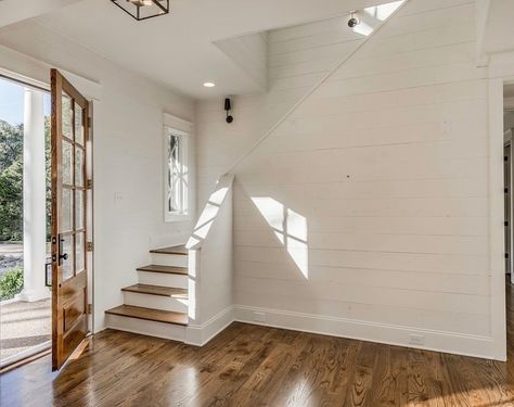 Basement Stairs At Entryway, Mudroom Next To Stairs, Mudroom Stairs Entryway, Mud Room With Stairs, Mudroom With Stairs, Beach Cottage Style Bungalows, Mudroom Build, Beach Cottage Style Bedroom, Beach Cottage Style Kitchen