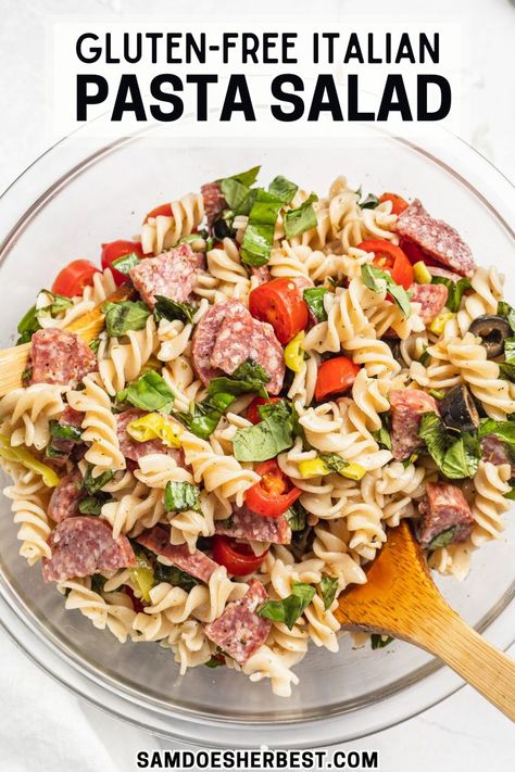 This gluten-free pasta salad recipe will be on repeat all summer long! A quick and easy homemade Italian dressing is the cherry on top of this delicious dish. Make this simple gluten-free pasta salad for your next summer barbecue or party – everyone (including gluten-eaters) will love it! Plus its dairy-free and meal prep friendly - the ideal BBQ side dish/appetizer or summer lunch idea! Cold Gluten Free Lunches, Gluten Free Dairy Free Lunch, Dairy Free Pasta Salad, Gluten Free Pasta Salad Recipes, Easy Homemade Italian Dressing, Gluten Free Pasta Salad, Dairy Free Lunch, Bbq Side Dish, Dairy Free Appetizers