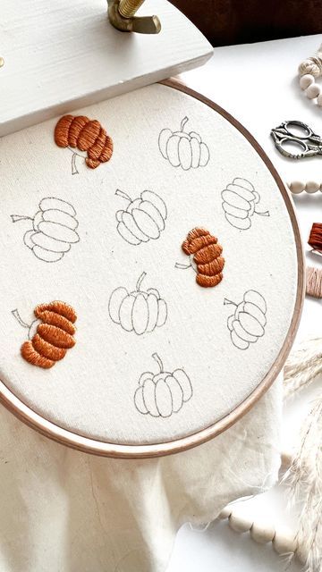 Pumpkin Hand Embroidery Patterns Free, How To Embroider A Pumpkin, Cute Fall Embroidery, Pumpkin Embroidery Patterns Free, Hand Embroidery Pumpkin, Embroidery Designs Halloween, Autumn Embroidery Designs, Simple Fall Embroidery, Fall Embroidery Ideas